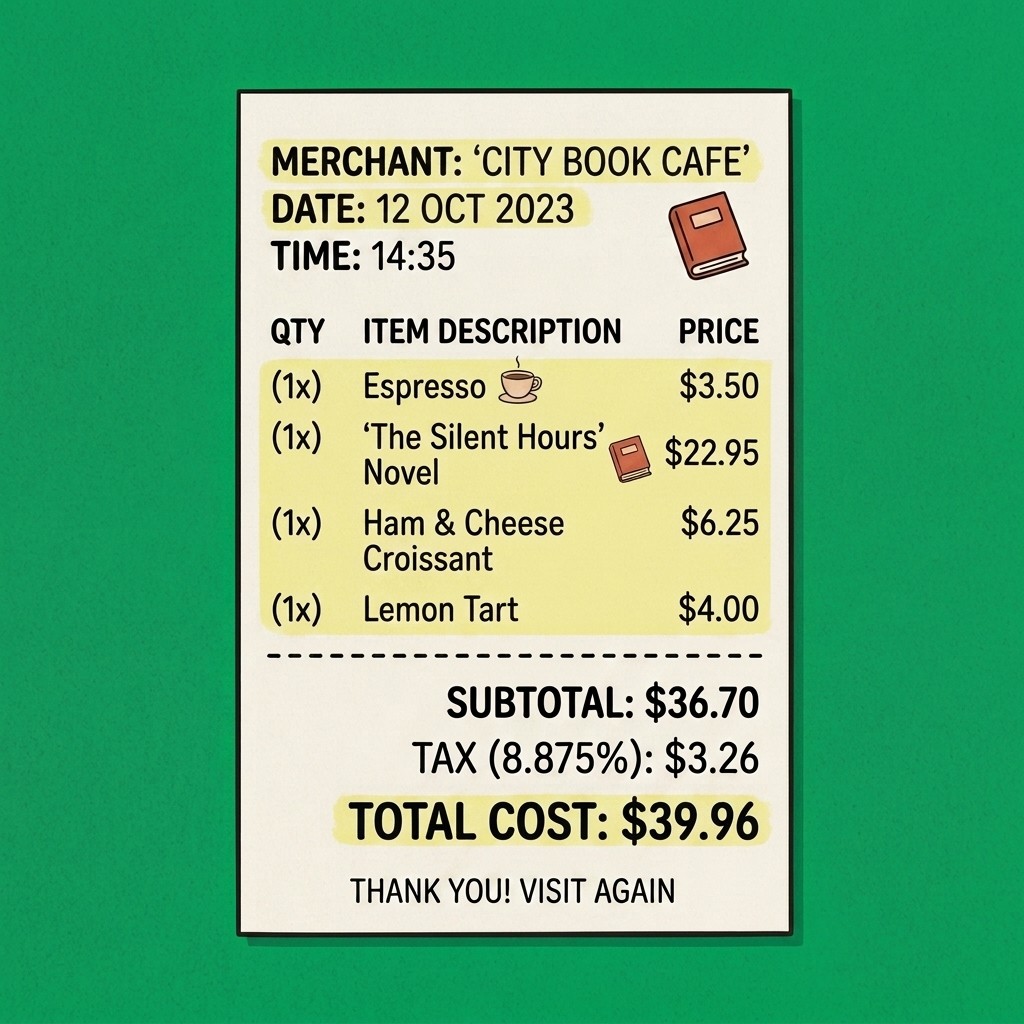 Detailed receipt with merchant, items and totals highlighted
